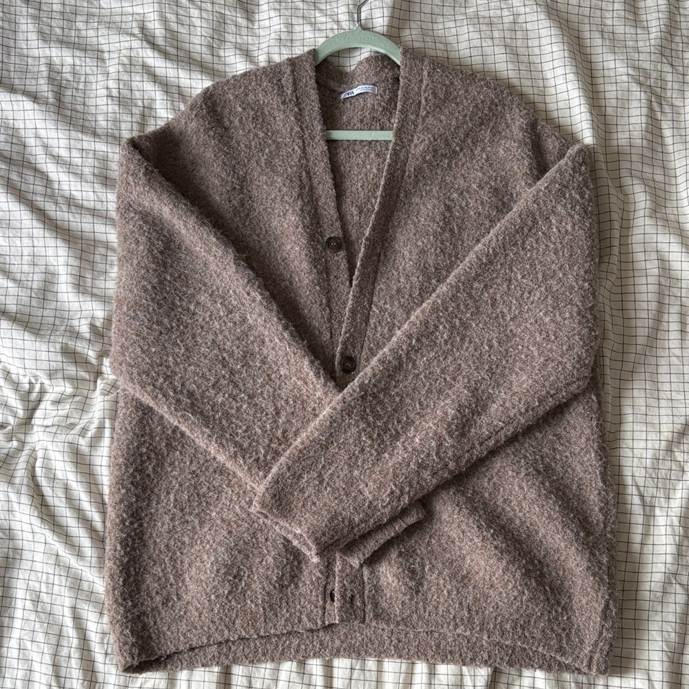 Zara Men's Taupe Brown Fuzzy V-Neck Cardigan